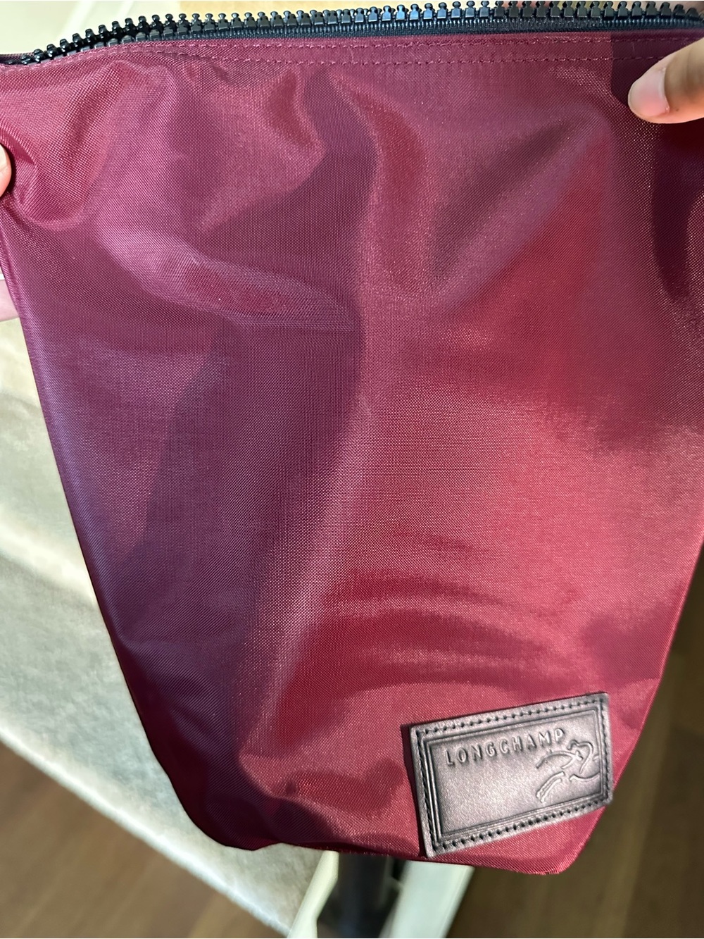 Longchamp Burgundy Nylon Pouch with Leather Logo Patch